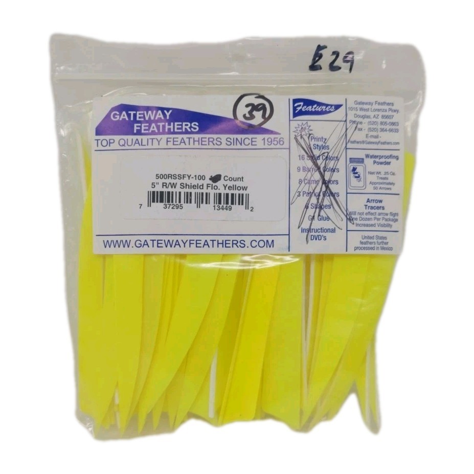 39 Count Gateway Archery Arrow Feathers 5″ Right Wing: Shield Fluorescent Yellow