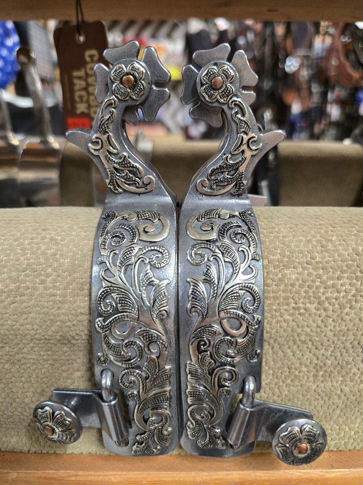 Tyler Silver Scroll Spurs 5pt Rosebud Rowels