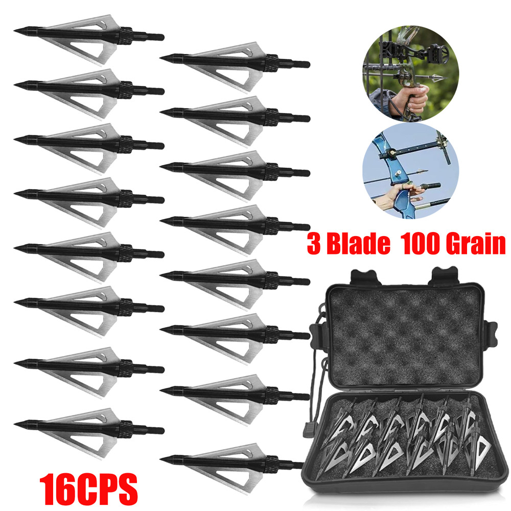 16Pcs Archery Broadheads 3Blade 100Grain Hunting Crossbow Compound Bow Arrow Tip