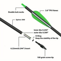 12PCS 30″ Archery Carbon Arrows, Spine 500 & OD 7.8mm 3” Feather Hunting Arrows
