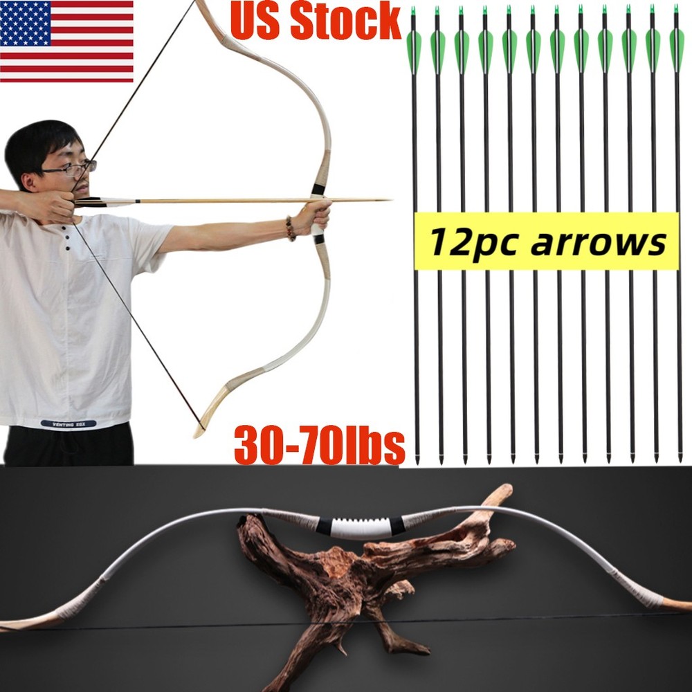 30-70lbs Archery Recurve Bow Traditional Mongolian Wooden Bow&12x Arrows Target