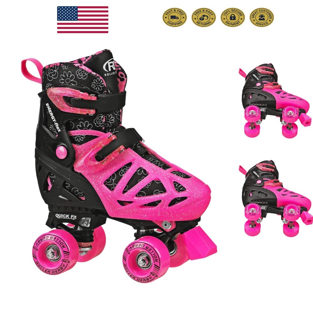 Trac Star Adjustable Roller Skates for Kids – Size Large (3-6) in Pink Daisy