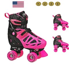 Trac Star Adjustable Roller Skates for Kids – Size Large (3-6) in Pink Daisy