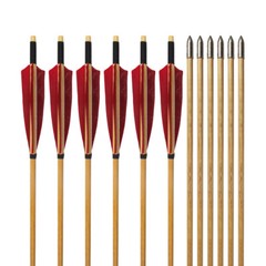 12Pcs 33″ Handmade Wooden Arrows Traditional Red Shield Spine 500 Feather Longbo