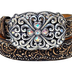 TONY LAMA Studded Leather Belt Sz 36 Swarovski Crystal Buckle Hearts Rhinestones