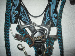Black Leather w Blue Floral Horse Tack Set Bridle, Bit, Breast Collar, reins