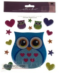 Sticko Dimensional Owl Stickers 15 pcs Lot 5 Hearts Stars Large Small Strapbook