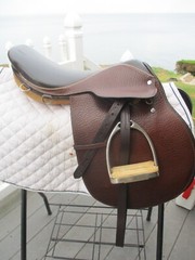16.5» medium champion leather CC JUMP ENGLISH SADDLE w LEATHERS & D’ANGLE IRONS