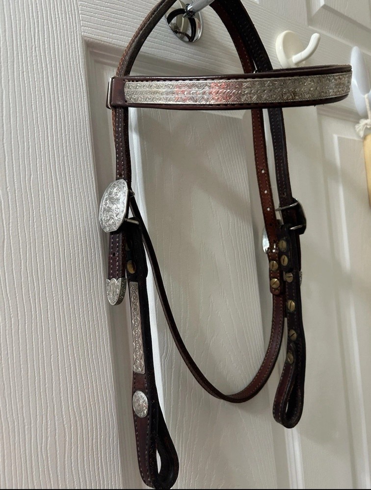 Sterling Silver Overlay Buckles Leather Show Headstall