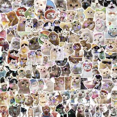 5Pcs Random Holographic Glitter Cat Meme Kitten Cartoon Waterproof Stickers