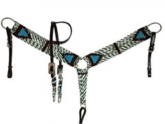 Teal Brown Cream Wool Corded Single Ear Headstall Breast Collar Wither Strap Set
