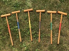 Vintage WOOD CROQUET SET w CADDY metal carrier stand rack rolling lawn game 60s