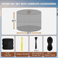 Knotless 5x5ft Round Bale Horses Hay Net 1.75″ Round for Livestocks Slow Feeder