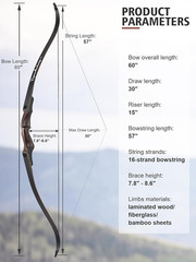 60″ Takedown Hunting Recurve Bow 30-60lbs Wooden Limbs Traditional Bow Shoot RH