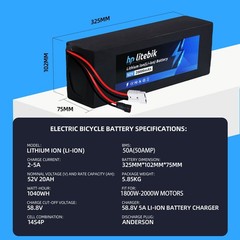 52V 20AH Lithium Battery 50A BMS for electric bicycle 2600W Motors Anderson plug