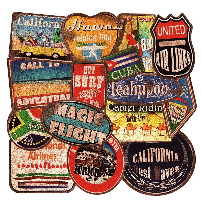 36pcs Large Retro Beach Stickers Surf Skateboard Graffiti Decal Car Luggage