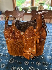 Vintage Leather Horse Saddle Crossbody Shoulder Bag Tooled Western