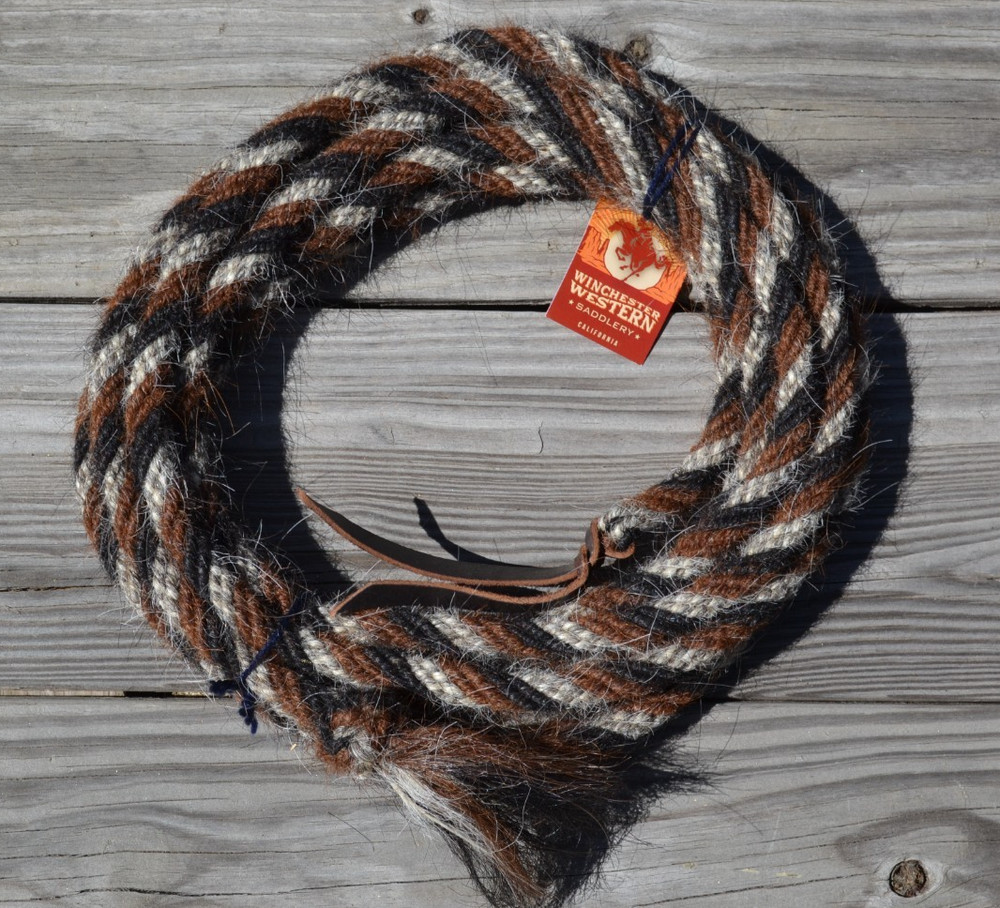 Jose Ortiz 5/8″ Mane Hair Mecate Reins 6 x 22′ -Chestnut/Black, White & Grey
