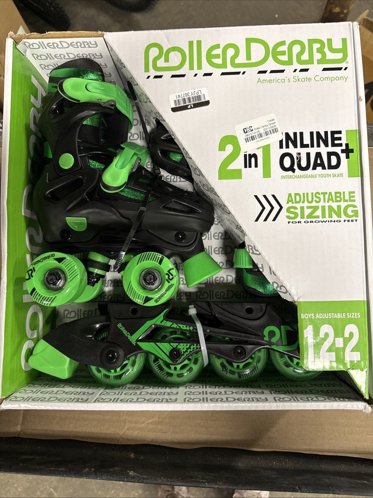 ROLLER DERBY GREEN WIRE KIDS’ QUAD COMBO SKATES – YOUTH 12-2 BLACK/GREEN