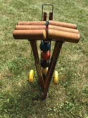 Vintage WOOD CROQUET SET w CADDY metal carrier stand rack rolling lawn game 60s