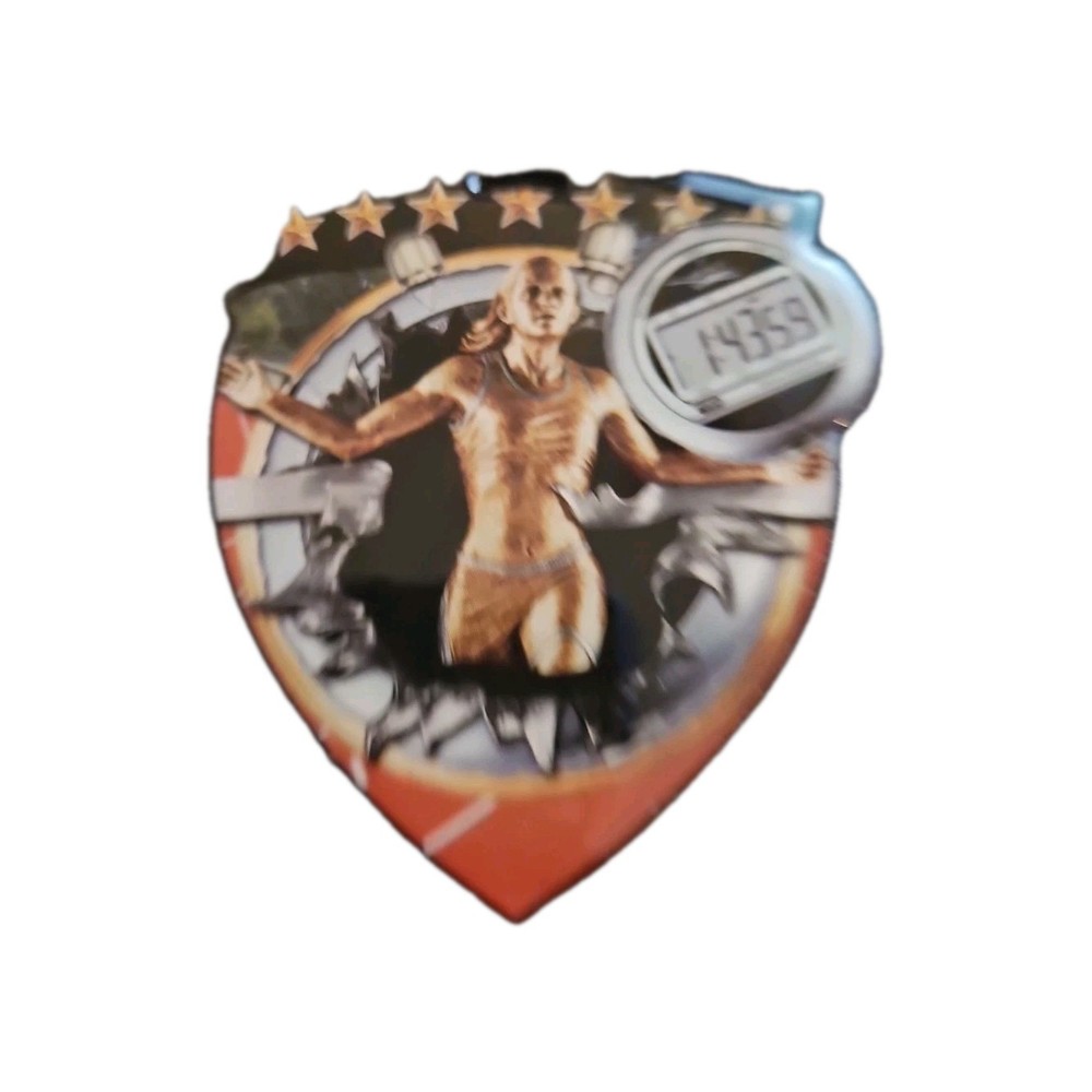 Female Track medal, shield shape 3″ x 2.5″ diameter, with ribbon, & engraving 8