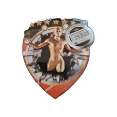Female Track medal, shield shape 3″ x 2.5″ diameter, with ribbon, & engraving 8