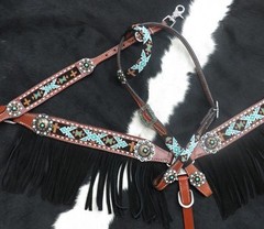 Teal Beaded Navajo Headstall & Fringe Breast Collar & Reins & Wither Strap NEW