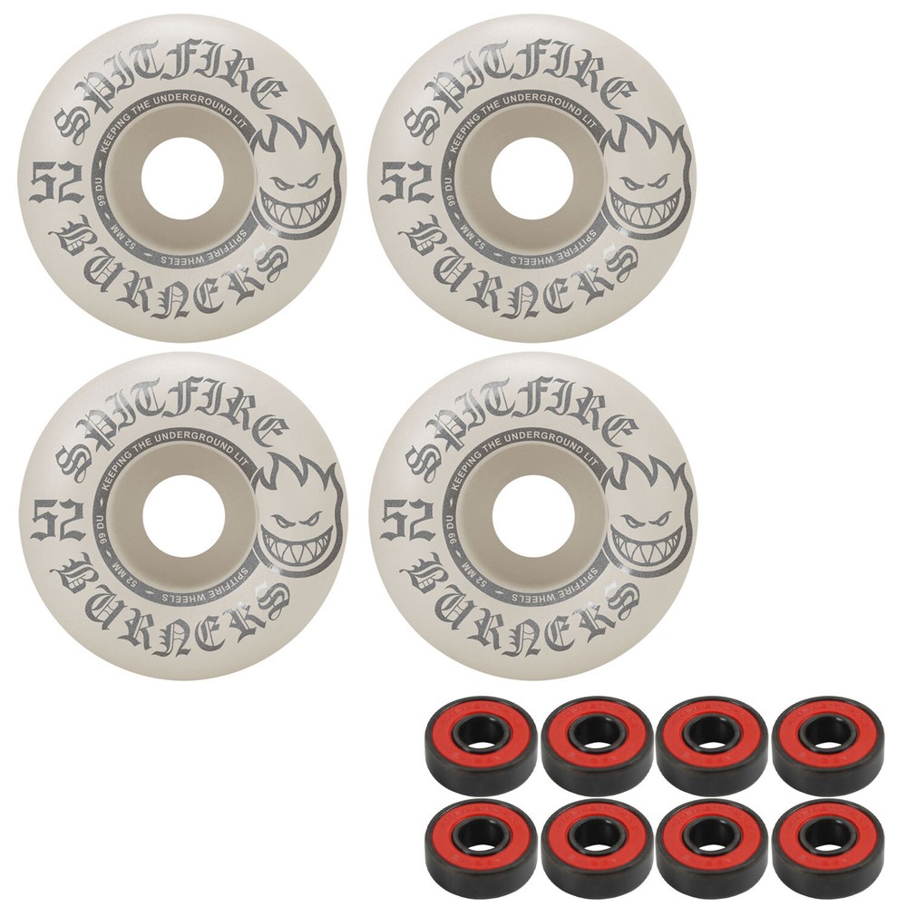Spitfire Skateboard Wheels Burners 52mm 99A White/Silver with Abec 5 Bearings