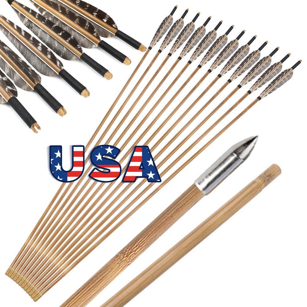 12X 33″ Archery Bamboo Arrows 5″ Feather Longbow Recurve Bow Hunting Shooting
