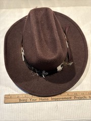 Cowboy Hat Brown Wool Rayon Felt Feather Band Size 7.5-60 WPL 5923 Vintage