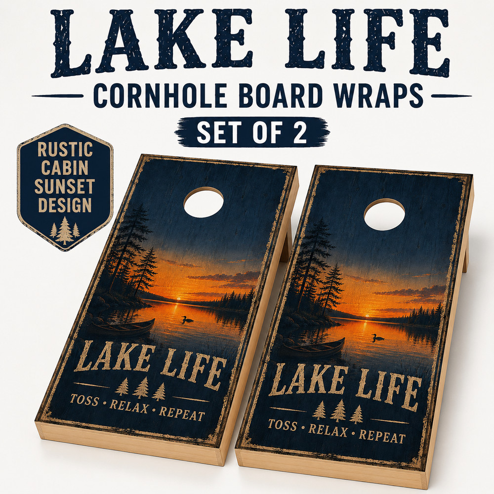 Lake Life Cornhole Board Wraps Set of 2 Cabin Sunset Vinyl Decals 24×48