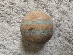 Vintage Wooden Croquet/Skee/ Bocce Ball With 2 Blue Stripes About 3.5″