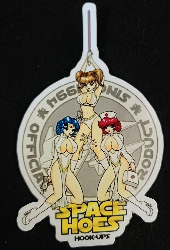 HOOK UPS STICKER VINTAGE «3 SEXY SPACE HOES» 3 X 4 3/4″ GLOSSY