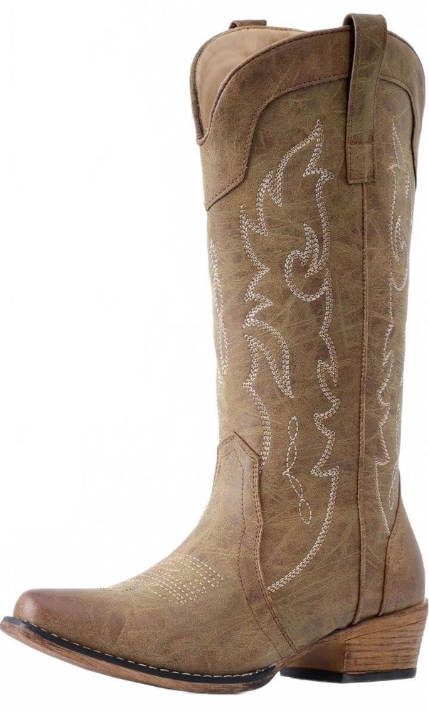 IUV Western Style Brown Women’s Cowboy Embroidered Mid Calf Boots Shoes