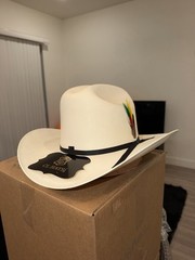 CL Hats White Western Cowboy Hat with Black Band and Multicolor Feather