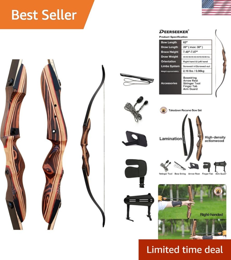 62″ Deerseeker Archery Recurve Bow Set – Right & Left-Handed, Durable Design