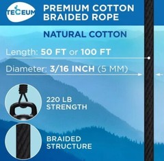 TECEUM Natural Cotton Braided Rope 3/16” Crafting Camping Indoor Outdoor 50ft