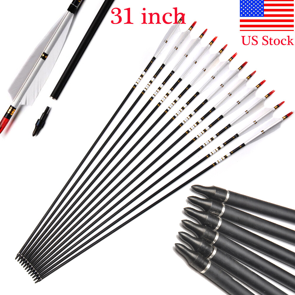 12Pcs 31″ Archery Spine500 Carbon Turkey Feather Arrows for Recurve Compound Bow