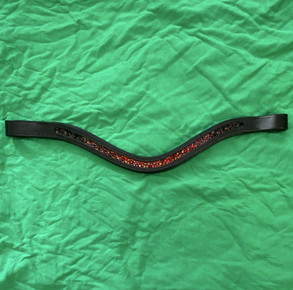 Black Leather Curved Bridle Browband w/ Red/Orange Rhinestones