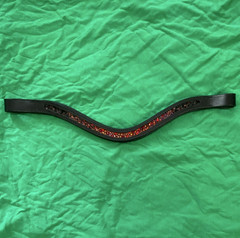 Black Leather Curved Bridle Browband w/ Red/Orange Rhinestones