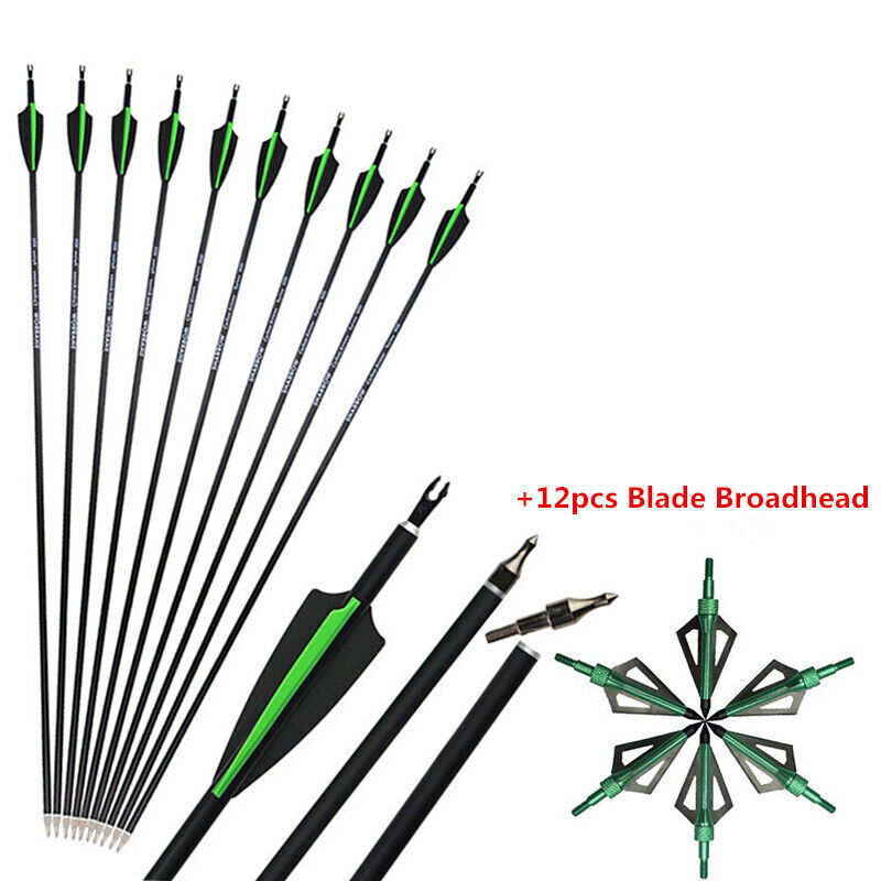 12X Carbon Arrow 30» Archery SP500/Blade Arrowhead Compound Recurve Bow Hunting