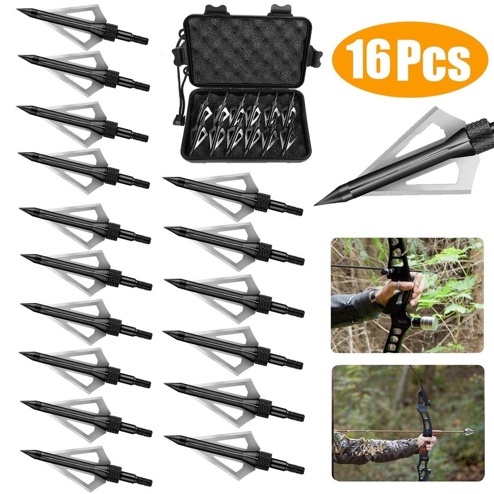 16Pcs Archery Broadheads 3Blade 100Grain Hunting Crossbow Compound Bow Arrow Tip