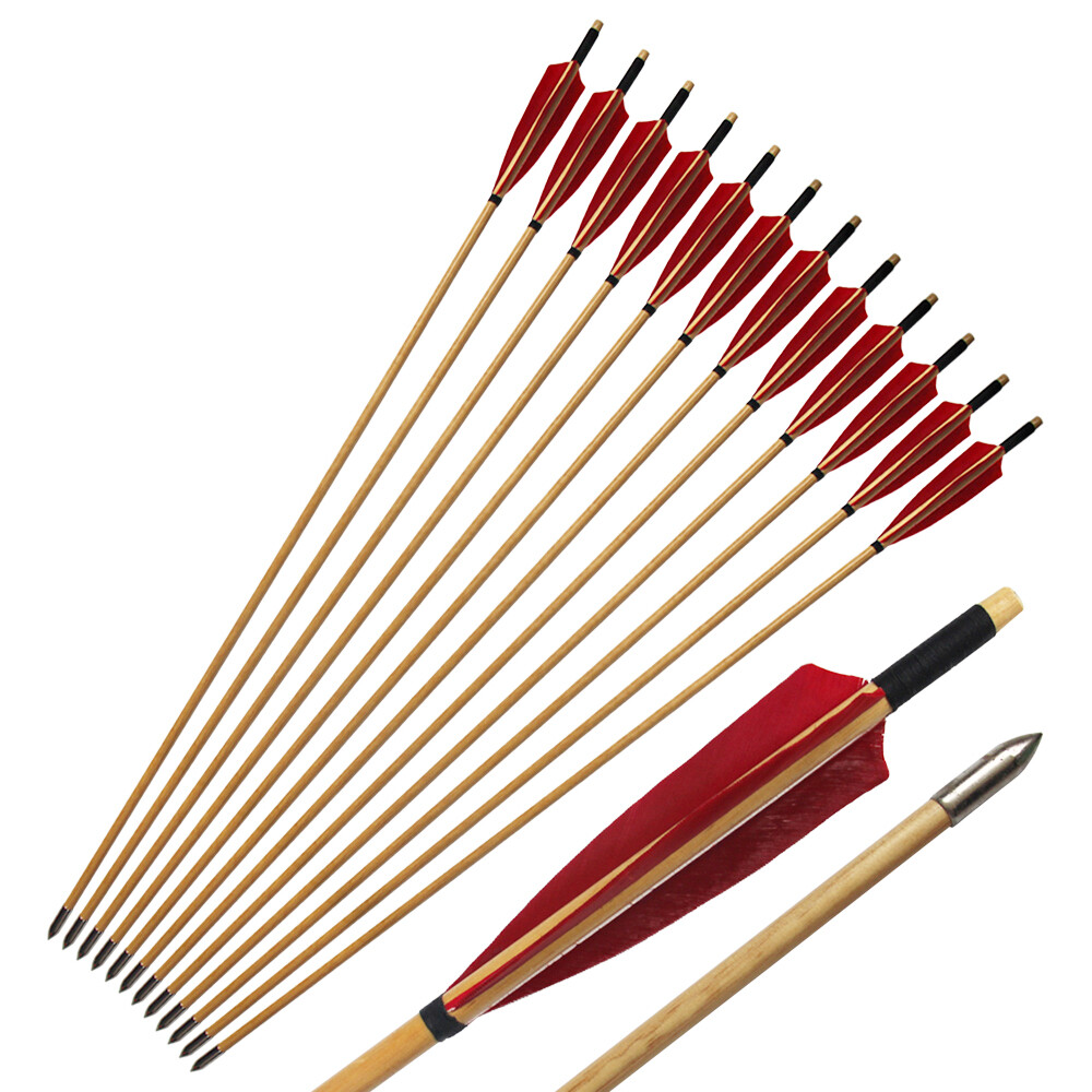 12Pcs Handmade 33″ Traditional Wooden Arrows Red Shield Feather Recurve Longbow