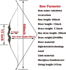 Archery Hunting Left Hand 60in 30-60lbs Handmade Takedown Recurve Bows Wooden