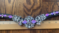 BLACK LEATHER PINK CRYSTAL BROWBAND X Full 17.5″ Fuschia & Clear rhinestones