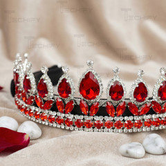 Red Crystal Horse Browband Bling Crown Style Rhinestone Leather Padded