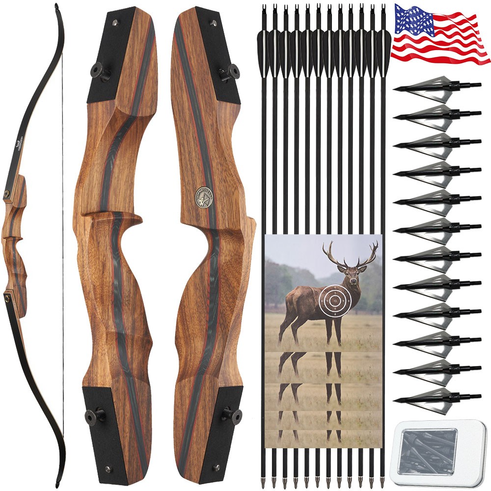 60″ Takedown Recurve Bow 25-60lbs Wooden Bow Archery Adult Youth Shooting Target