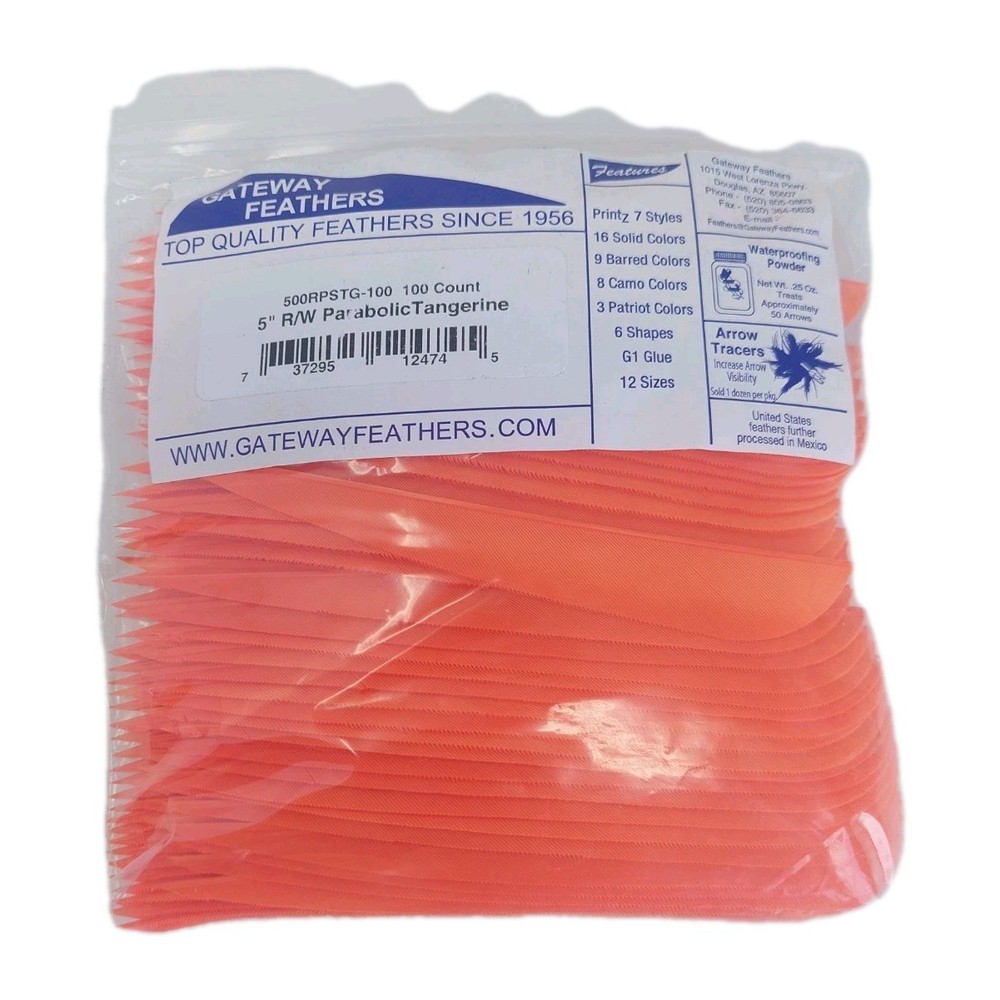 100 Pack Gateway Feathers 5″ Right Wing: Parabolic Tangerine Orange 500RPSTG-100