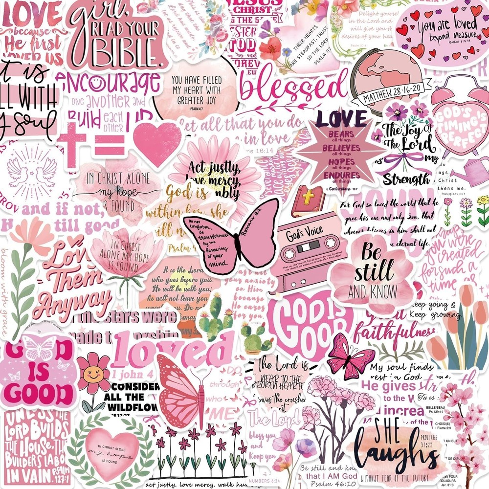 100PCS Pink Bible Verse Stickers | Christian Faith Jesus Quote Vinyl Decals