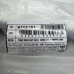 SUN BICYCLES 6702191 Trike Replacement Axle – RR 14.8 mm – Black – 2 Nuts 30….